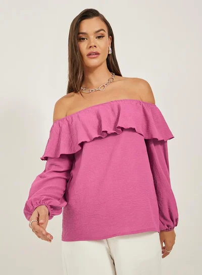 Styli Solid Ruffled Trim Off Shoulder Neck Blouse