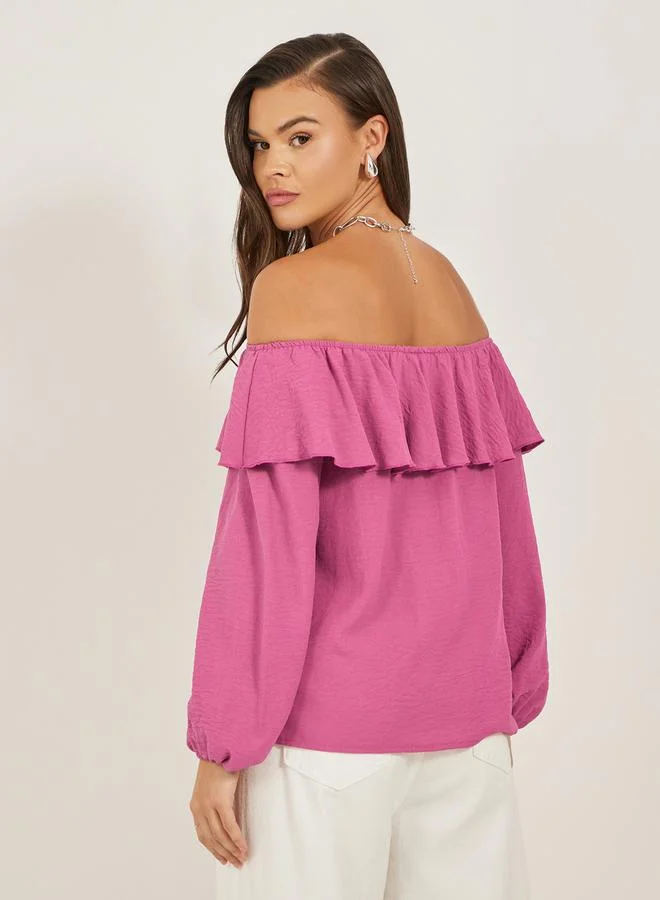 Styli Solid Ruffled Trim Off Shoulder Neck Blouse