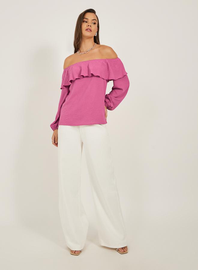 Styli Solid Ruffled Trim Off Shoulder Neck Blouse - Image 2