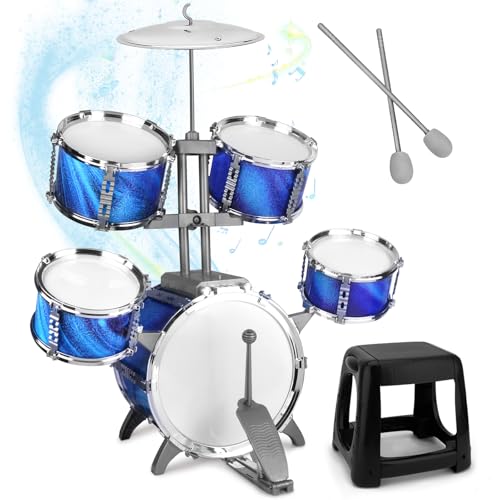 CHADRIGIVS Kids Drum Set for Toddlers Musical Jazz Drum with Stool Toys for 35 46 57 Boys Girls Birthday Blue - Image 1
