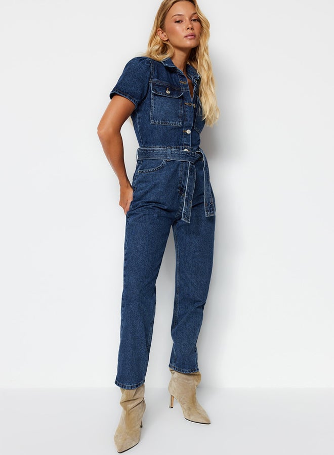 trendyol Blue Belted Denim Overalls - Image 3