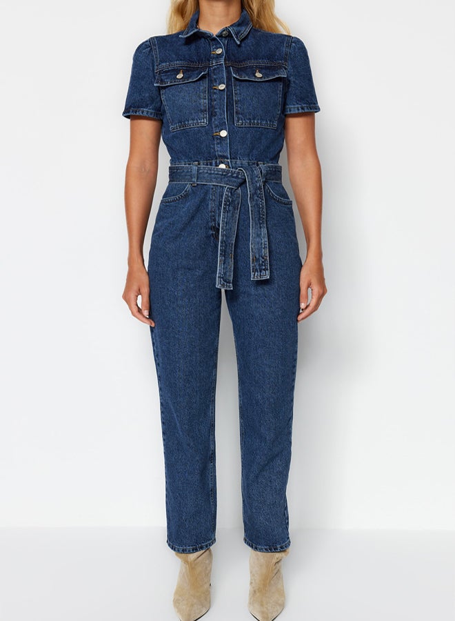 trendyol Blue Belted Denim Overalls - Image 4