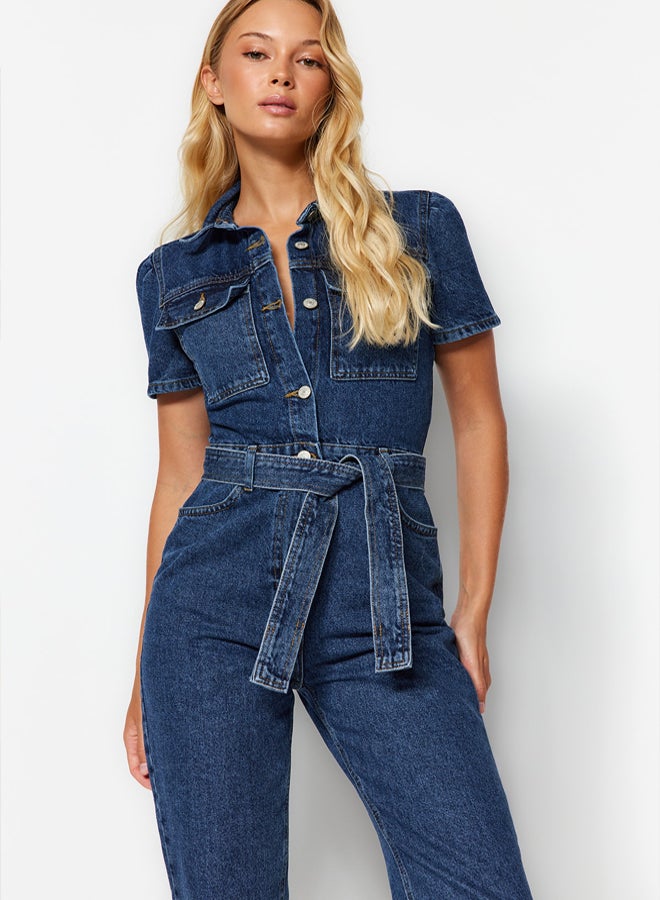 trendyol Blue Belted Denim Overalls - Image 2