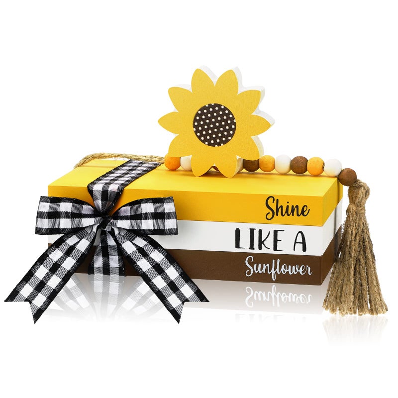 Queekay Sunflower Tiered Tray Decor Mini Decorative Books Wood Faux Books with a Truck Wood Book Stack for Home Office Mantel DecorationSunflower
