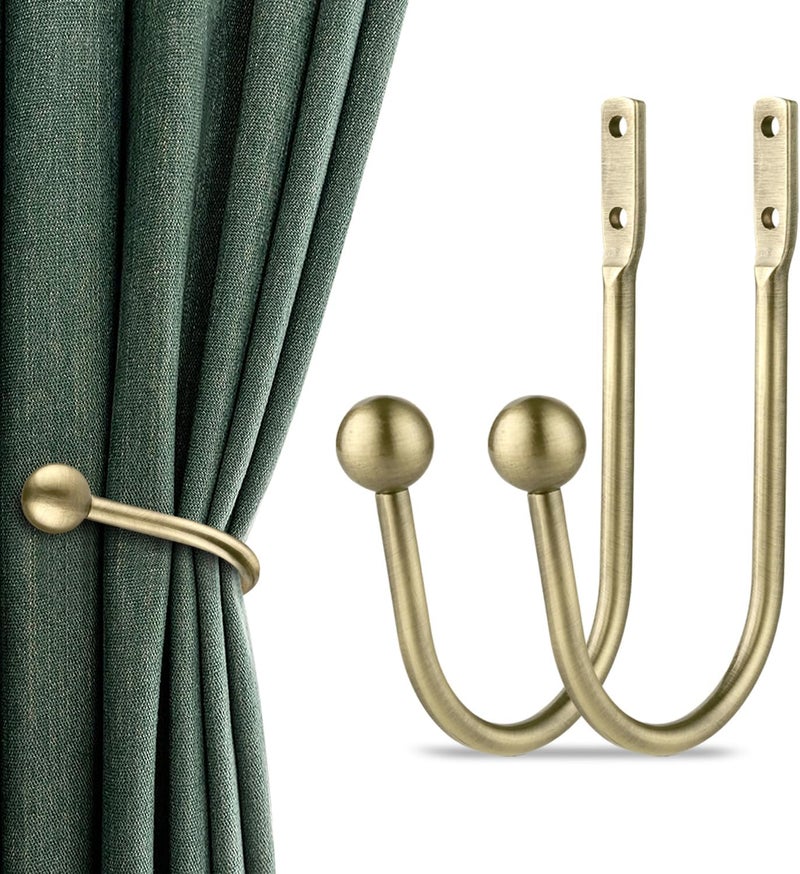 gobutend Curtain Holdbacks, 2pcs Curtains Holder Wall Mounted Drapery Tiebacks Retro Window Hook for Home Decor, Antique Brass - Image 1