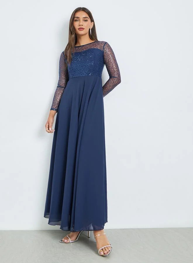 Navy Sequin Long Sleeve Maxi Dress