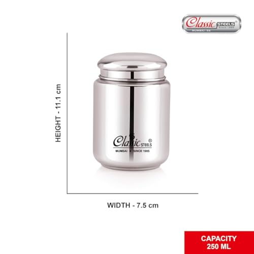 Classic Steels Stainless Steel Canister - Elegant Circular Design For Tea, Coffee, And Spices | Leak Proof | Airtight Kitchen Storage Container 250ML,Silver - Image 2