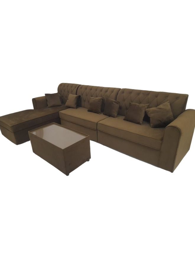 Maharat Al Bahar L Shape Velvat Sofa Set 6 Seaters With Cushion&Table Brown 300x80x80 - Image 1
