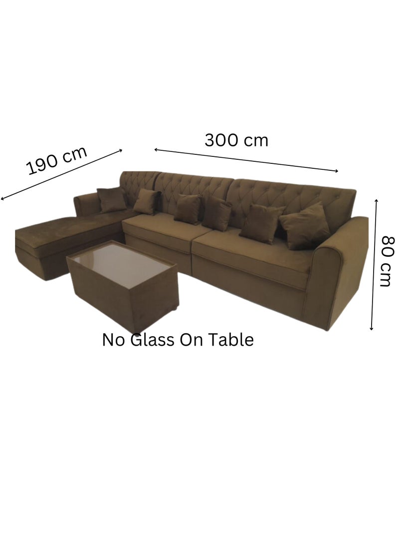 Maharat Al Bahar L Shape Velvat Sofa Set 6 Seaters With Cushion&Table Brown 300x80x80 - Image 2