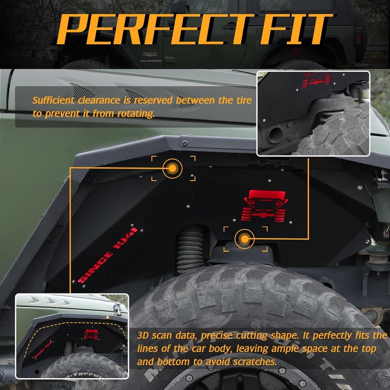 JROAD Inner Fender Front Fender Liners Compatible with Jeep Wrangler JK JKU Aluminum,with 4 LED Lights for 2007-2018 Wrangler Accessories JK JKU Sport Sahara Rubicon 2/4 Doors - Image 4