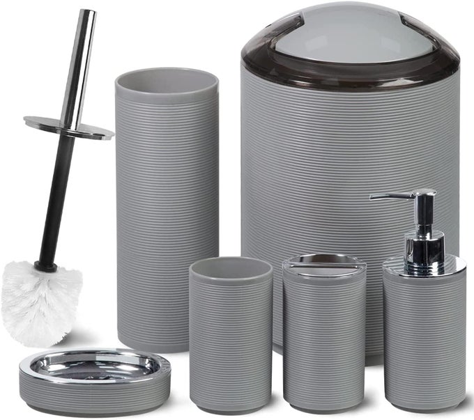 6PCS BATHROOM ACCESSORIES SET MODERN DESIGN BATH ACCESSORIES BATH SET PLASTIC TOOTHBRUSH HOLDER TOOTHBRUSH CUP SOAP DISPENSER AND UTENSILS TOILET BRUSH HOLDER TRASH CAN GREY