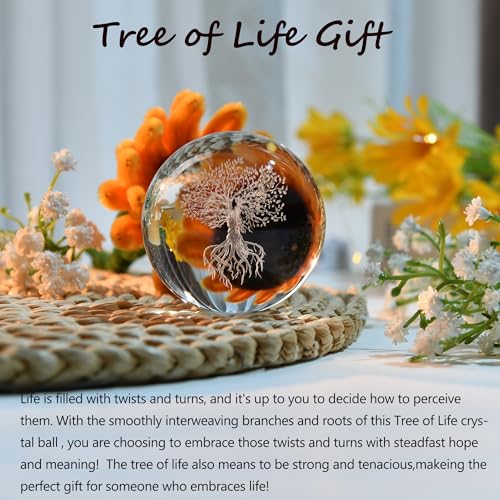 IFOLAINA Tree of Life Crystal Ball with Lighted Base Laser Engraved Glass Ball Tree of Life Night Light Decorative Globes 3D Crystal Plant Sphere Gifts for Her Birthday - Image 4