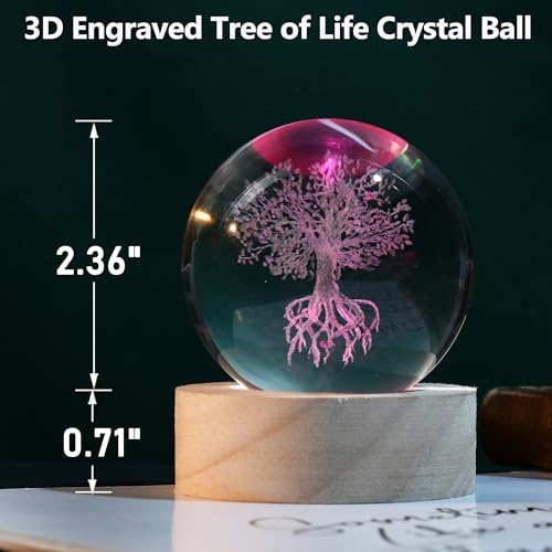 IFOLAINA Tree of Life Crystal Ball with Lighted Base Laser Engraved Glass Ball Tree of Life Night Light Decorative Globes 3D Crystal Plant Sphere Gifts for Her Birthday - Image 5