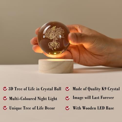 IFOLAINA Tree of Life Crystal Ball with Lighted Base Laser Engraved Glass Ball Tree of Life Night Light Decorative Globes 3D Crystal Plant Sphere Gifts for Her Birthday - Image 3