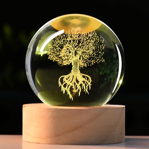 IFOLAINA Tree of Life Crystal Ball with Lighted Base Laser Engraved Glass Ball Tree of Life Night Light Decorative Globes 3D Crystal Plant Sphere Gifts for Her Birthday - Image 1