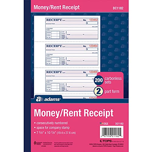Adams Money and Rent Receipt Book, 2-Part, Carbonless, White/Canary, 7-5/8" x 10-7/8", Bound Wraparound Cover, 200 Sets per Book, 4 Receipts per Page (DC1182) - Image 2