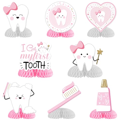 Merrystorm First Tooth Honeycomb Centerpieces Pink Dental Theme Party Table Decorations I Got My First Tooth Toothbrushes Centerpieces Table Topper for Girls First Tooth Party Baby Shower Decor Supplies - Image 1