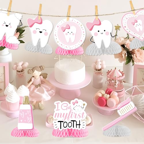 Merrystorm First Tooth Honeycomb Centerpieces Pink Dental Theme Party Table Decorations I Got My First Tooth Toothbrushes Centerpieces Table Topper for Girls First Tooth Party Baby Shower Decor Supplies - Image 2
