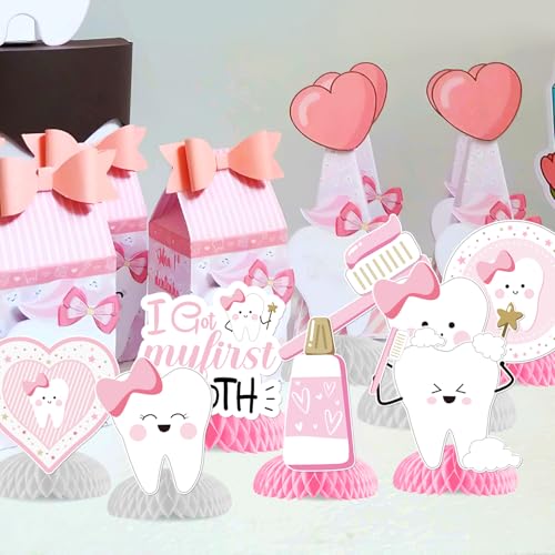 Merrystorm First Tooth Honeycomb Centerpieces Pink Dental Theme Party Table Decorations I Got My First Tooth Toothbrushes Centerpieces Table Topper for Girls First Tooth Party Baby Shower Decor Supplies - Image 3