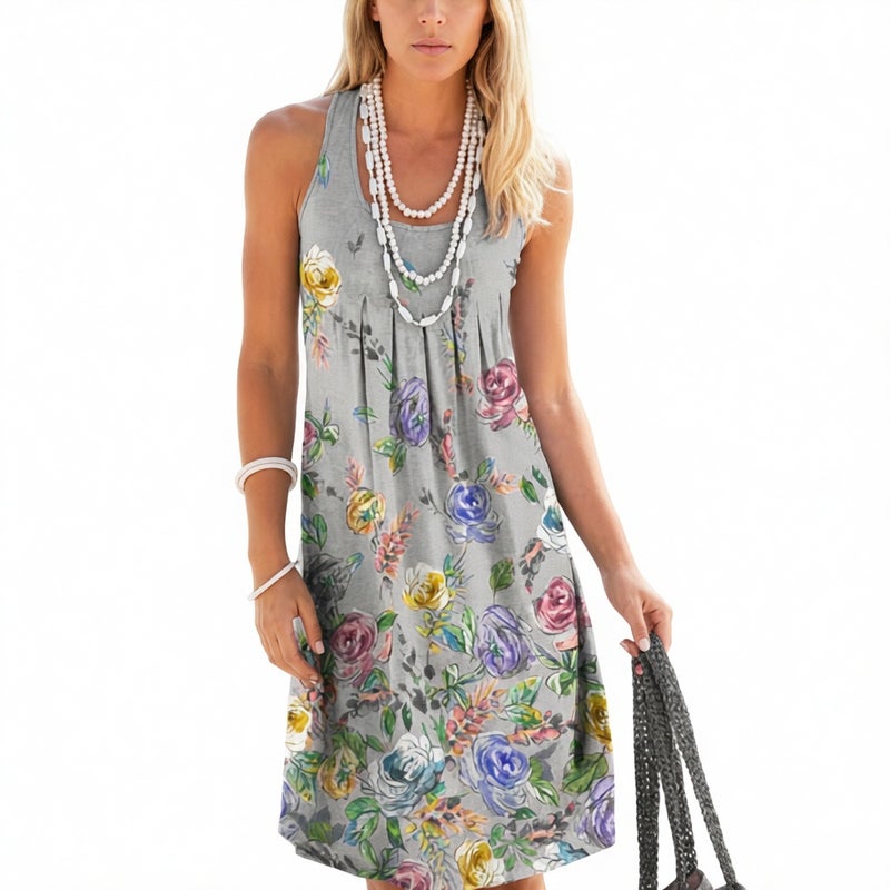 Women's Floral Print Loose Round Neck Sleeveless Dress - Image 2