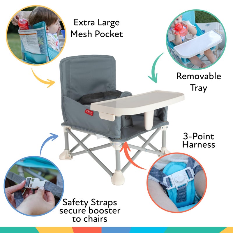 Nuby Pop-Up Booster Seat with Removable Tray - 6+ Months - Portable Booster Seat for Floor for Indoor/Outdoor Use - 3-Point Safety Adjustable Straps - Summer Travel Essentials - Gray - Image 2