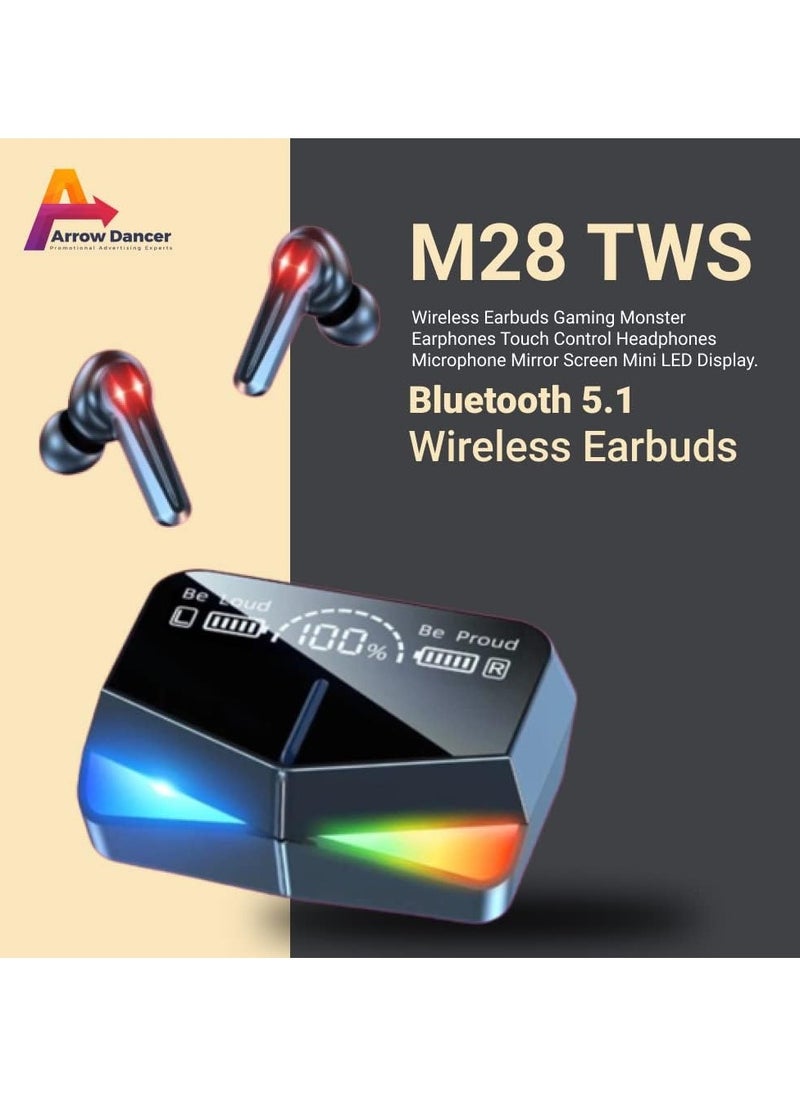 Generic - M28 Wireless Earbuds TWS Bluetooth 5.1 Gaming Monster Earphones | Touch Control Headphones Microphone Mirror Screen Mini LED Display - Excellent Sound Ensure Fast & Stable Connection Waterproof | AD - Image 1