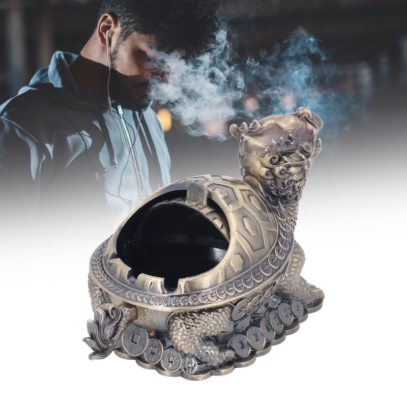 Vintage Ashtray 3 Slots Windproof Lid Colorfast Zinc Alloy Tortoise Dragon Metal Ashtray for Family Office Outdoor - Image 5