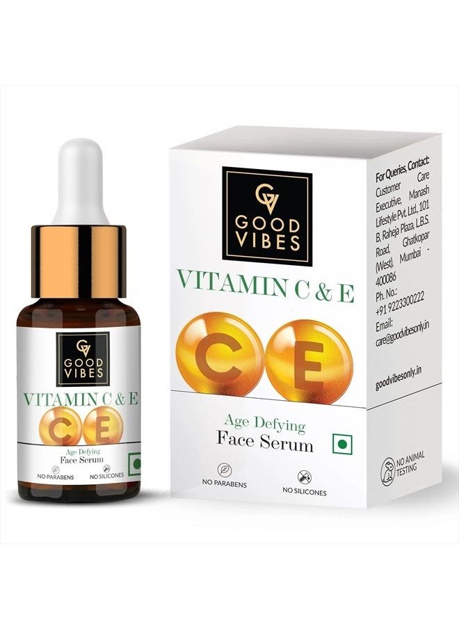 Good Vibes Vitamin C & Vitamin E Age Defying Face Serum | Lightweight Naturally Glowing Serum For All Skin Types | Helps Repair Skin & Wrinkles | No Parabens & Sulphates (10 ml/0.34 Fl Oz)  - Image 1