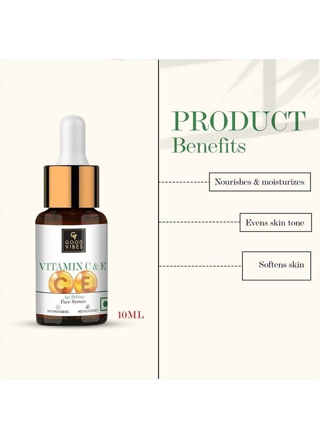 Good Vibes Vitamin C & Vitamin E Age Defying Face Serum | Lightweight Naturally Glowing Serum For All Skin Types | Helps Repair Skin & Wrinkles | No Parabens & Sulphates (10 ml/0.34 Fl Oz)  - Image 2