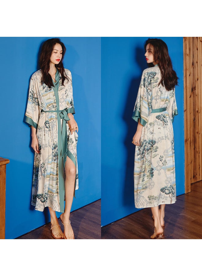 Nightgown Summer Pajamas For Women, Large Size, Light Luxury, Youting Satin Printed Long Nightgown, Nightdress, Loungewear For Women