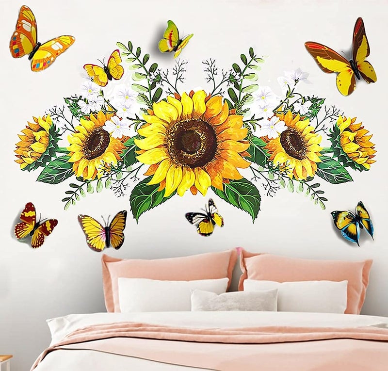 SPRT Sunflower Wall Stickers with 3D Butterfly Wall Sticker Yellow Flowers Wall DecalSPRT Waterproof and Removable Sunflower Wall Stickers for Bedroom Living Room Bathroom Dcor