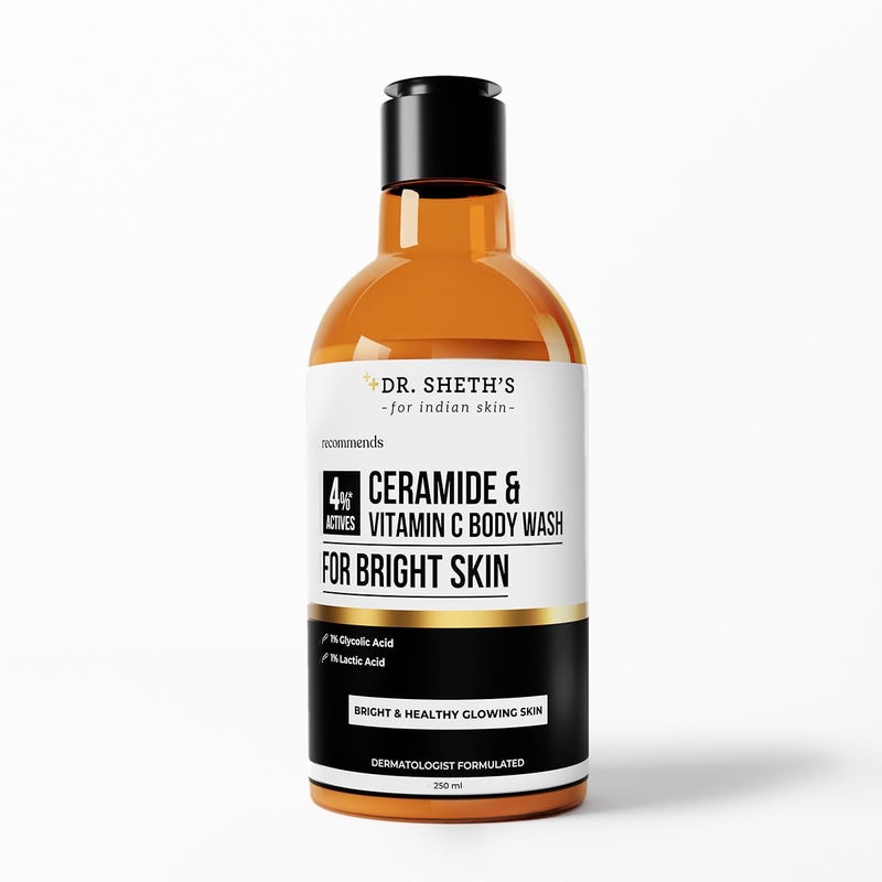 Dr. Sheth's Dr Sheths Ceramide Vitamin C Body Wash For Bright Healthy Glowing Skin Exfoliates Evens Skin Tone 4 Actives 1 Lactic Acid 1 Glycolic Acid 2 Niacinamide Sulphate Free Gentle Exfoliating Shower Gel Removes Tan Dead Skin Hydrates Moisturizes Refreshing Fragrance Men Women 250 ml - Image 1