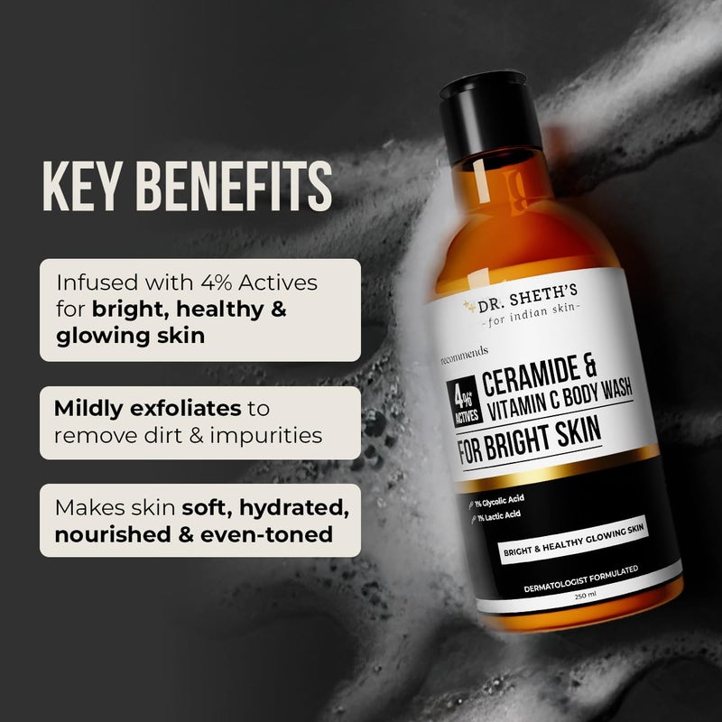 Dr. Sheth's Dr Sheths Ceramide Vitamin C Body Wash For Bright Healthy Glowing Skin Exfoliates Evens Skin Tone 4 Actives 1 Lactic Acid 1 Glycolic Acid 2 Niacinamide Sulphate Free Gentle Exfoliating Shower Gel Removes Tan Dead Skin Hydrates Moisturizes Refreshing Fragrance Men Women 250 ml - Image 5