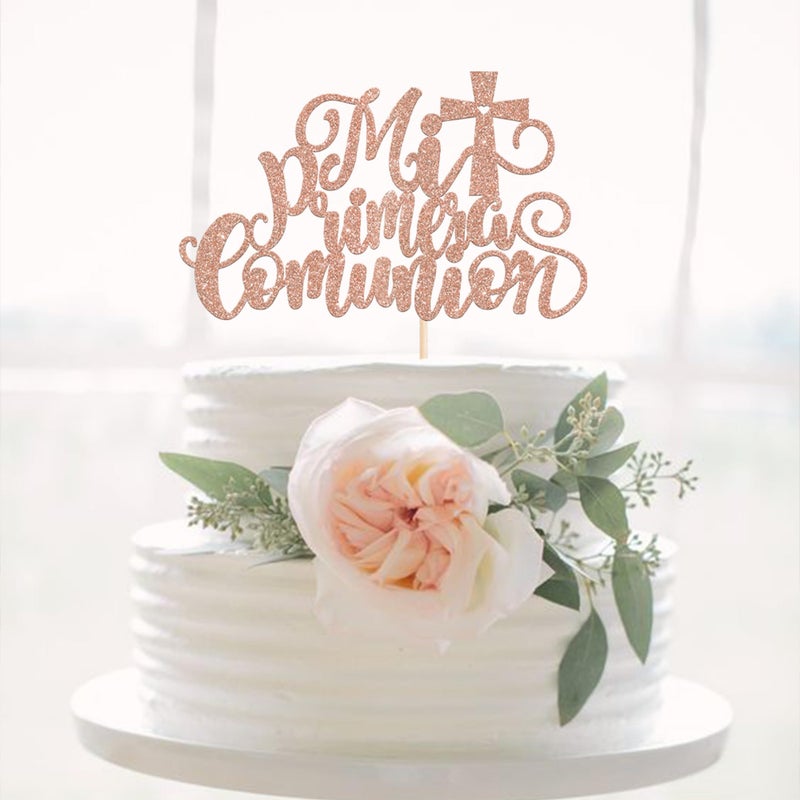 RSSTARXI 1 Pack Mi Primera Comuni؟ N Cake Topper Glitter Primera Comunion recuerdos cake pick for baptism baby wedder first comple party cake decorations rose gold gold - Image 4