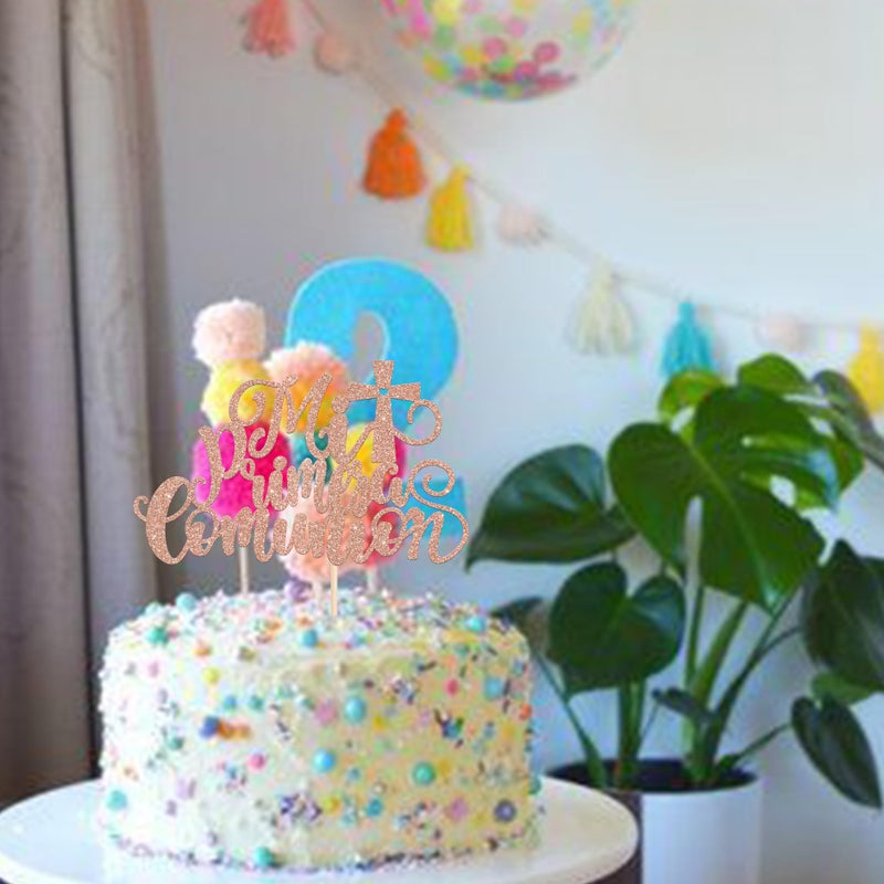 RSSTARXI 1 Pack Mi Primera Comuni؟ N Cake Topper Glitter Primera Comunion recuerdos cake pick for baptism baby wedder first comple party cake decorations rose gold gold - Image 3
