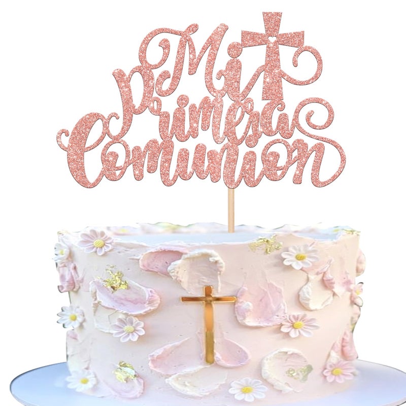 RSSTARXI 1 Pack Mi Primera Comuni؟ N Cake Topper Glitter Primera Comunion recuerdos cake pick for baptism baby wedder first comple party cake decorations rose gold gold - Image 1