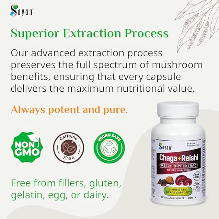 Sayan Siberian Chaga and Organic Reishi Mushroom Extract Supplement – 90 Capsules/440mg Each - Wild-Harvested, Antioxidant Blend for Immune System Support + Natural Energy Boost, Non-GMO, Gluten Free - Image 3