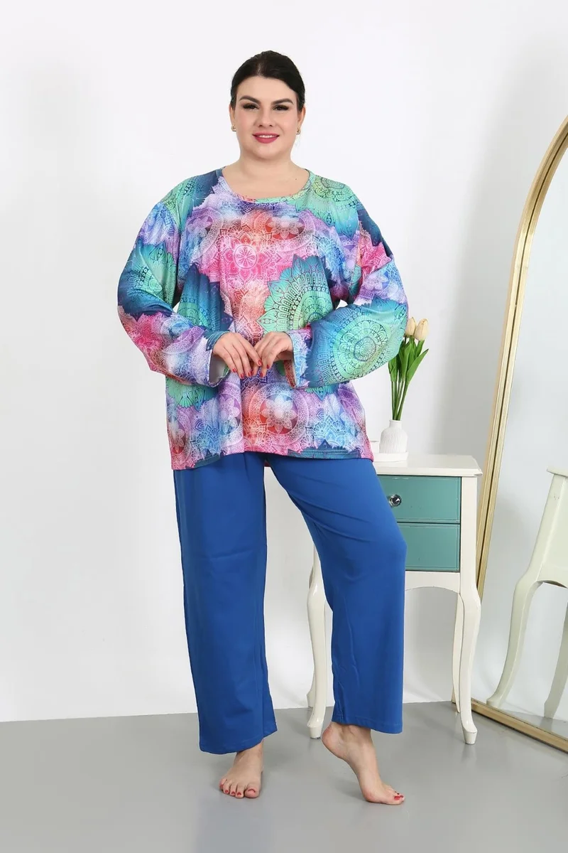 Akbeniz Women's Plus Size Long Sleeve Cotton Pajama Set Saks 202503