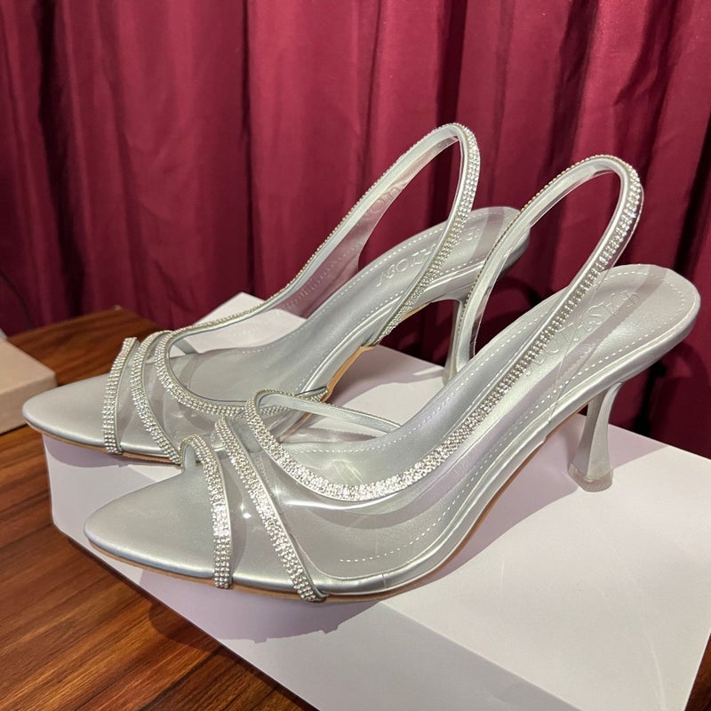 Women's Crystal Stiletto Heeled Sandals Pointed Peep Toe Strappy High Heels - Image 3