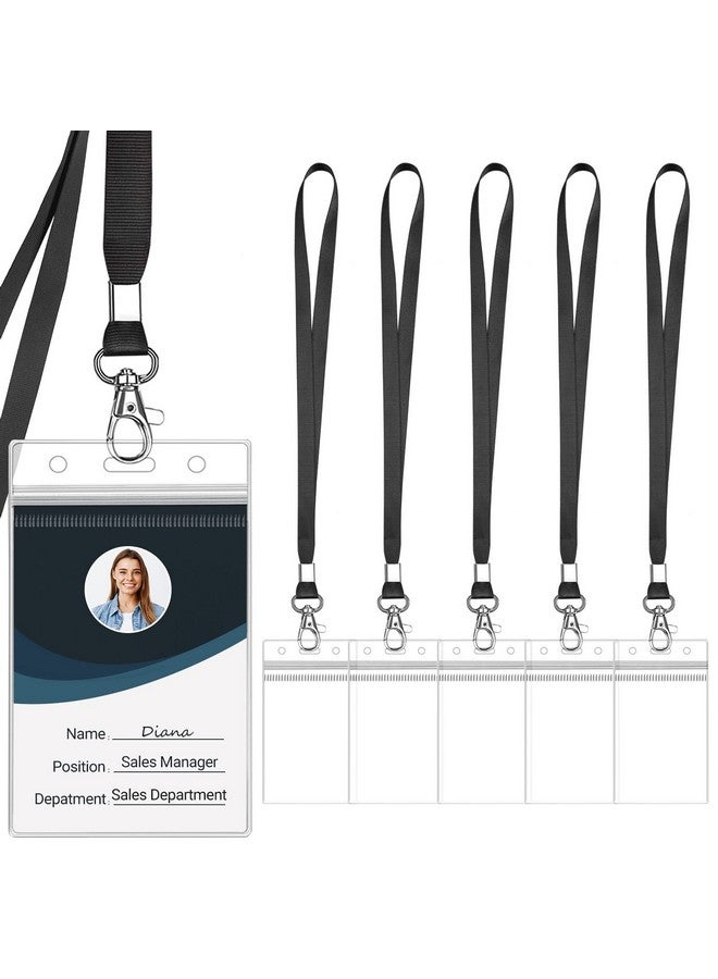حامل شارة الهوية الشفاف مع حبل قصير مقاوم للماء وشاشة عرض عمودية وواقي بطاقة الاسم مع سحاب وحامل بطاقة الاسم قابل للإغلاق (أسود 6 قطع) - Image 1