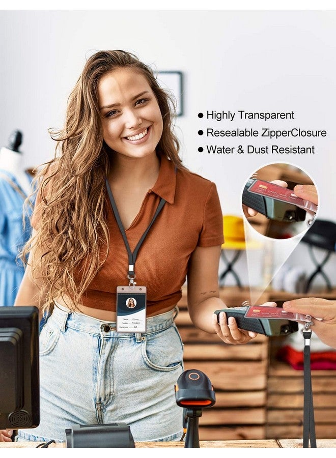 حامل شارة الهوية الشفاف مع حبل قصير مقاوم للماء وشاشة عرض عمودية وواقي بطاقة الاسم مع سحاب وحامل بطاقة الاسم قابل للإغلاق (أسود 6 قطع) - Image 2