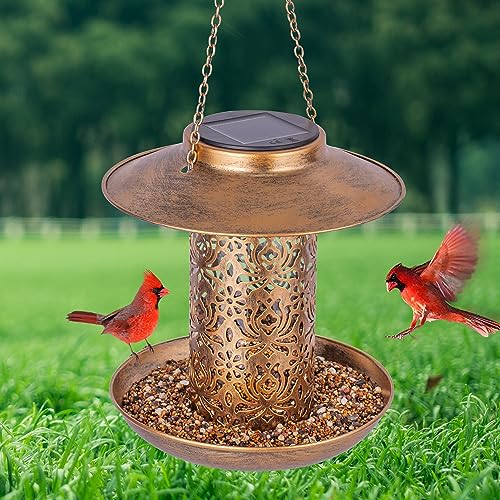 Ottsuls Solar Bird Feeder for Outdoors Hanging, Metal Wild Cardinals Garden Lantern with S Hook, Weatherproof and Water Resistant Birdfeeders as Gift Idea for Women Mom Grandma Bird Lovers (Bronze) - Image 1
