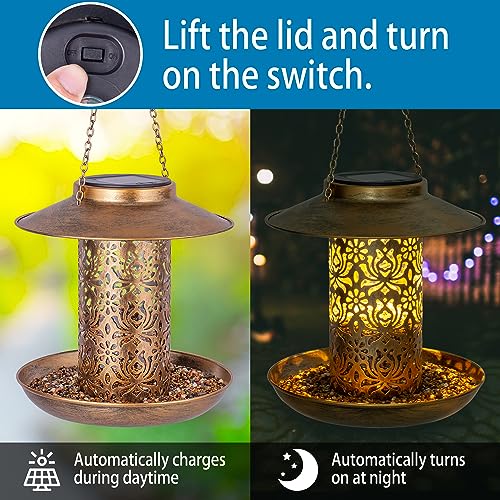 Ottsuls Solar Bird Feeder for Outdoors Hanging, Metal Wild Cardinals Garden Lantern with S Hook, Weatherproof and Water Resistant Birdfeeders as Gift Idea for Women Mom Grandma Bird Lovers (Bronze) - Image 4
