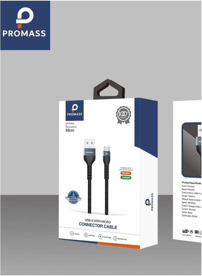 PROMASS Promas Micro Charging Cable  1 meter long, anti cutting fabric  supports 3A fast charging - Image 1