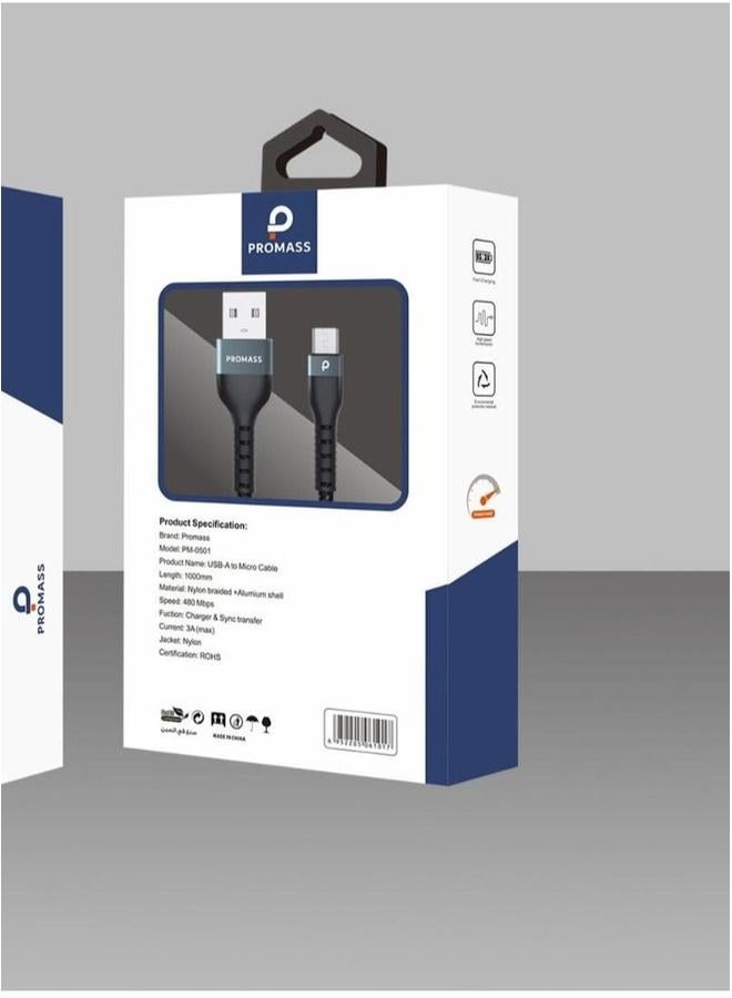 PROMASS Promas Micro Charging Cable  1 meter long, anti cutting fabric  supports 3A fast charging - Image 2