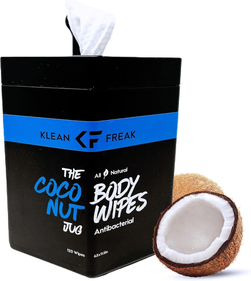 Klean Freak Body Wipes for Face and Body No Water Wipe Away Sweat and Odor Large Textured Travel Gym Camping and More 120 Cnt Jug Coconut