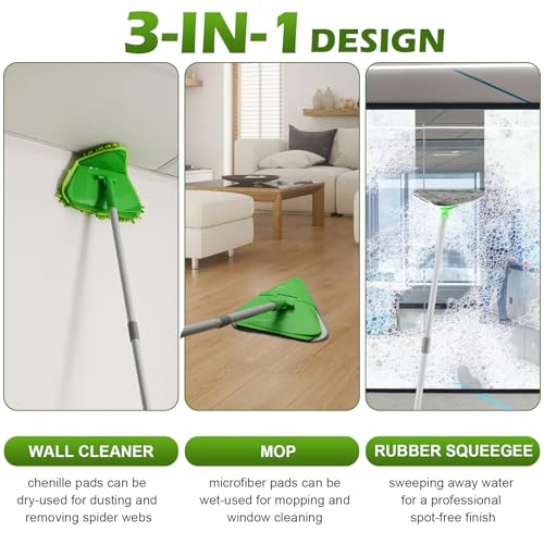 RONSUNG Wall Cleaner Triangle Mop with 82 Long Handle Wall Scrubber Cleaning Washer Tool with 4 Microfiber Chenille Duster Pads for Clean Walls Ceiling Windows Baseboards Floors Green 4 Pads - Image 3