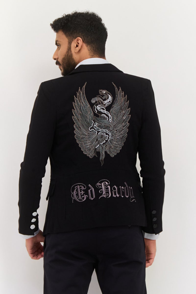 Ed Hardy جاكيت بدلة للرجال بقصة عادية مع شعار مطرز، أسود - Image 3