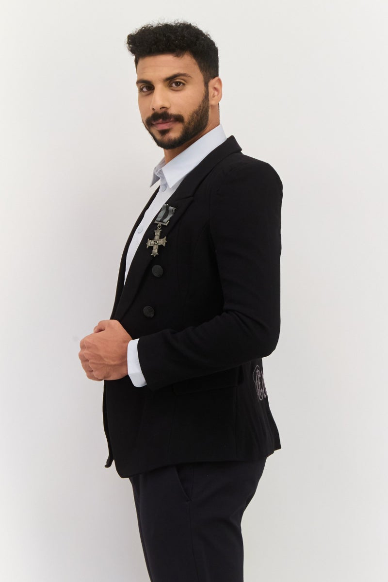 Ed Hardy جاكيت بدلة للرجال بقصة عادية مع شعار مطرز، أسود - Image 2