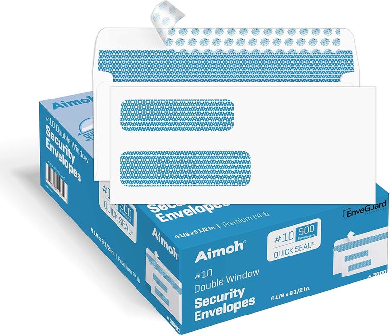 Aimoh 500 Count #10 Double Window Self Seal Security Envelopes - for Invoices, Statements & Business Mailings, Security Tinted - EnveGuard, Size 4-1/8 x 9-1/2 -White -24 LB(30001) - Image 1
